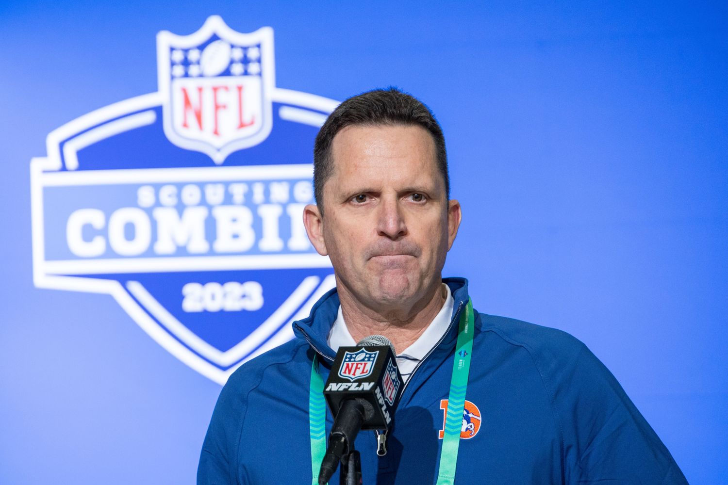 Feb 28, 2023; Indianapolis, IN, USA; Denver Broncos general manager George Paton speaks to the press at the NFL Combine at Lucas Oil Stadium. Mandatory Credit: Trevor Ruszkowski-USA TODAY Sports